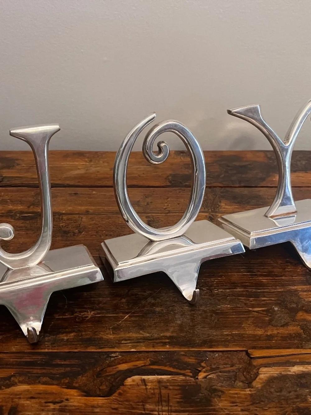 Vintage Pottery Barn JOY Stocking Holders Set of 3 | Heavy 2 lb Silverplate